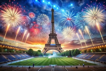 Wall Mural - July 14 is the National Day of France. The national flag of France on the background of the Eiffel Tower. Tricolor. The concept of the Olympic Games in France 2024