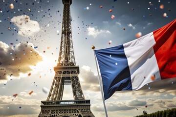 Wall Mural - July 14 is the National Day of France. The national flag of France on the background of the Eiffel Tower. Tricolor. The concept of the Olympic Games in France 2024