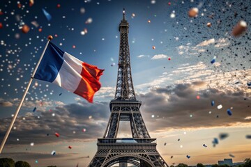 Wall Mural - July 14 is the National Day of France. The national flag of France on the background of the Eiffel Tower. Tricolor. The concept of the Olympic Games in France 2024