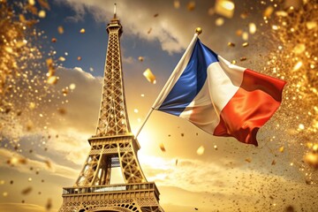 Wall Mural - July 14 is the National Day of France. The national flag of France on the background of the Eiffel Tower. Tricolor. The concept of the Olympic Games in France 2024