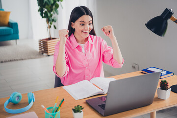 Wall Mural - Photo of lucky cheerful lady wear pink shirt successful distance education modern gadget indoors room home house