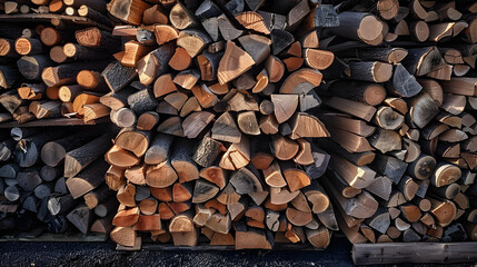 Wall Mural - Selling neatly stacked firewood Ready for a cozy fireplace and campfire. The newly cut logs are arranged in neat rows. Provides warmth and comfort on cold days.