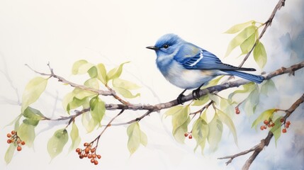 Wall Mural - A blue-tailed rock warbler bird sitting on an alder branch