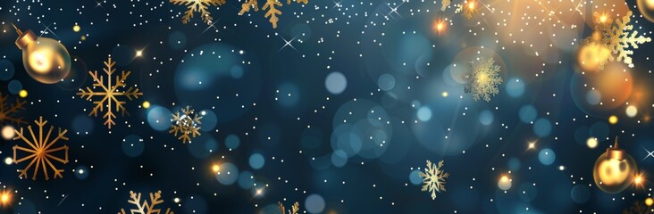 Dark blue Christmas background with golden snowflakes falling from the top and glowing lights on each side, creating an elegant winter atmosphere for Christmas or New Year.