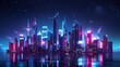 © Asraf - futuristic city skyline with towering skyscrapers and flying cars.