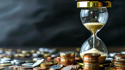 An hourglass filled with coins, representing the concept of time and money