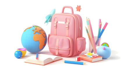 school supplies. globe and book with school bag vector illustration on a transparent background