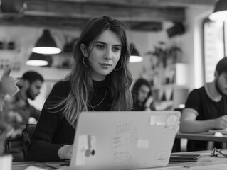 A woman sits in front of a laptop, likely working or studying