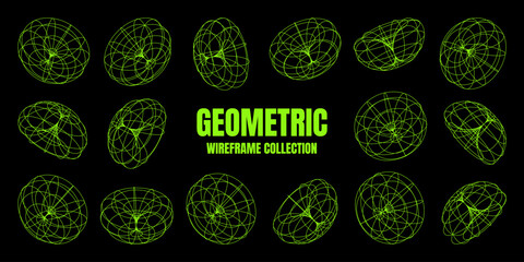 Wireframe lined shapes. Perspective mesh, 3d grid. Low poly geometric elements. Retro futuristic design elements, y2k, vaporwave and synthwave style. Vector illustration