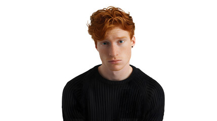 Wall Mural - Young sad ginger man in a black sweater looking at the camera with a raised eyebrow isolated on a transparent background in a studio shot from a high angle photo with soft light. bright colors