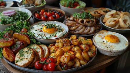 Wall Mural - Gourmet Brunch Platter With Fried Eggs, Potatoes, and Grilled Squid