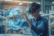 © Arsenii - A male engineer wearing a VR headset interacts with a holographic model of a mechanical component, showcasing advanced virtual reality technology in an industrial setting.