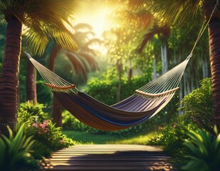 Tranquil summer banner showing a hammock string between palm trees in lush tropical vegetation