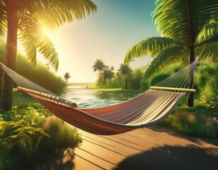 Tranquil summer banner showing a hammock string between palm trees in lush tropical vegetation