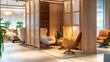 © Prostock-studio - A contemporary office lounge featuring comfortable chairs and a wooden partition wall. The space is bathed in warm light and is decorated with plants, creating a serene and inviting atmosphere.