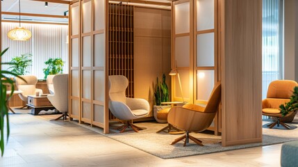 Leinwandbilder - A contemporary office lounge featuring comfortable chairs and a wooden partition wall. The space is bathed in warm light and is decorated with plants, creating a serene and inviting atmosphere.