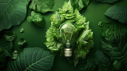 Wall Mural - A light bulb filled with green foliage, surrounded by various green leaves, symbolizing eco-friendly and sustainable energy.