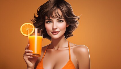 Brunette model with short hair wearing orange bikini with orange juice on her hand on orange background