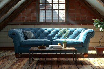 Interior of living room with blue sofa, books and plant.