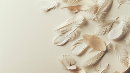 Wall Mural - Top view close up photo with feathers on clean background with retro effects and copy space