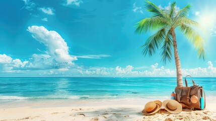 Wall Mural - Summer vacation panorama featuring a tropical beach with a palm tree and travel items on the beach