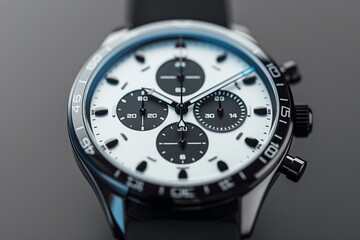 Sleek black chronograph watch with a modern design and white dial, perfect for luxury and fashion-focused promotions.