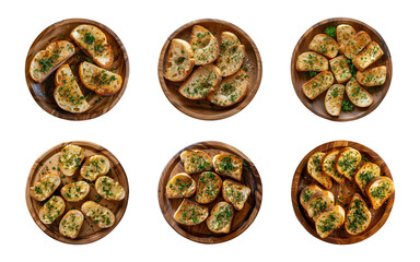 Wall Mural - Collection of garlic breads on wooden plates isolated on a transparent background, top view, cut out, PNG