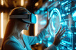 © Arsenii - A young woman wearing a VR headset interacts with an advanced holographic interface, demonstrating the immersive capabilities of augmented reality and spatial computing technology.