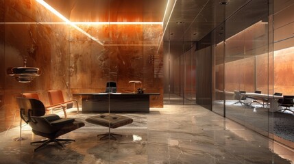 Wall Mural - A modern office space with orange walls, a large desk, and comfortable chairs. The room is illuminated by recessed lighting.