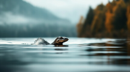 Sticker - Prehistoric reptile swimming in calm water with misty forested hills in the background.