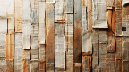 Wall Mural - Layered old newspapers attached to a vertical surface creating a textured and vintage effect background.