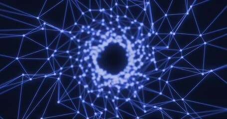 Wall Mural - blue abstract background with motion plexus of dots and lines, technology with black hole in center,