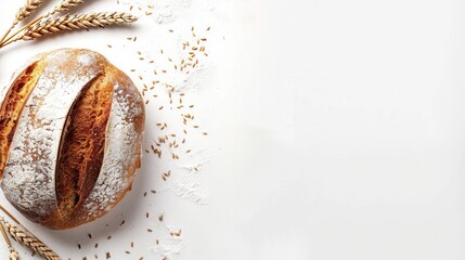 Aufkleber - A freshly baked wheat bread loaf rests on a white surface with wheat stalks and scattered seeds. Generative AI