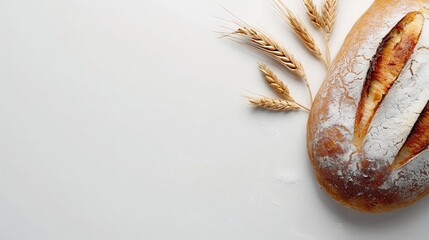 Aufkleber - A freshly baked loaf of bread made with wheat flour sits on a white background. Three wheat ears are placed beside the bread. Generative AI