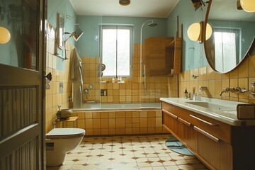 Interior of a modern bathroom with wooden walls and tiled floor