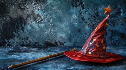 Whimsical  wizard hat and wand, for magical and fantastical themes