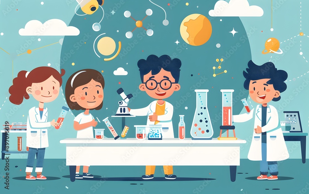 Group of enthusiastic children conducting science experiments in a fun ...
