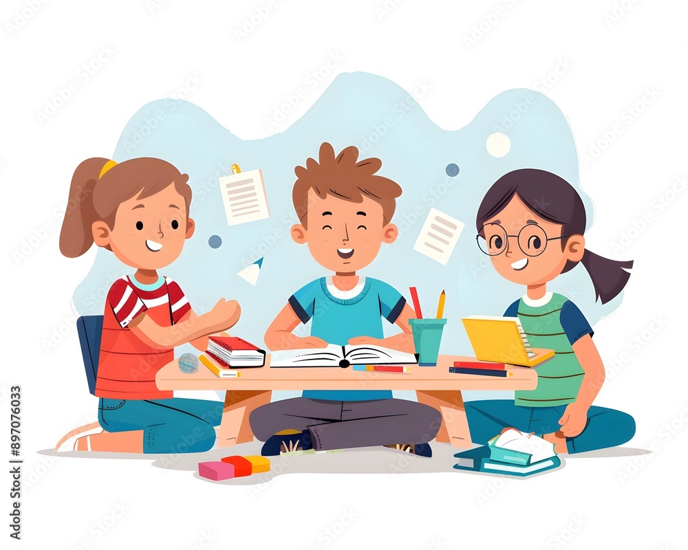 Happy cartoon children studying at a table, surrounded by books and ...