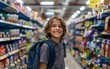 © Ytnart - Happy boy with a backpack smiling in a grocery store aisle. Shopping, childhood and joyful moments.
