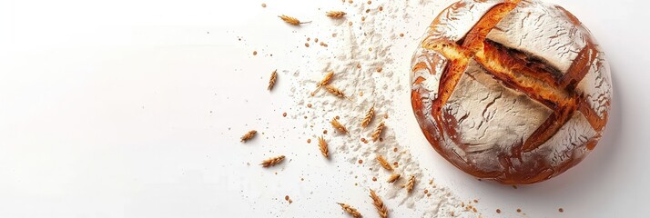 Aufkleber - A freshly baked loaf of bread sits on a white background with wheat flour and wheat stalks scattered around it. Generative AI