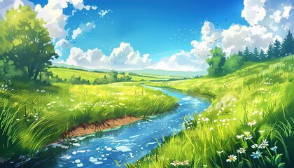 Wall Mural - A beautiful field with a river running through it, anime style