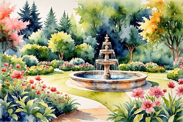 A lovely watercolor of a serene garden with a fountain with space for text