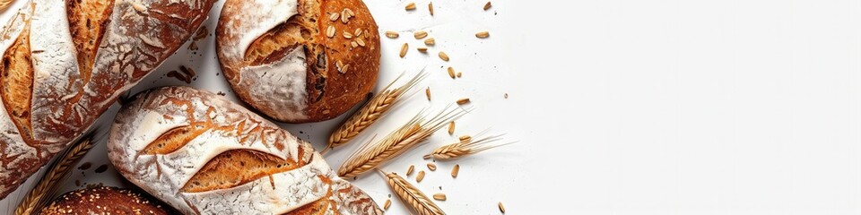 Aufkleber - A banner image featuring three freshly baked wheat bread loaves on a white background, with wheat kernels and stalks scattered around the loaves. Generative AI