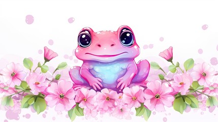 Wall Mural - Cute cartoon frog with big eyes sitting on flowers