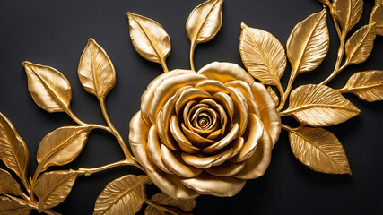 Wall Mural - Metallic golden roses and leaves on black background