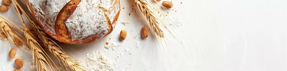 Aufkleber - A freshly baked loaf of wheat bread sits on a white background, surrounded by wheat spikes and scattered flour. Generative AI