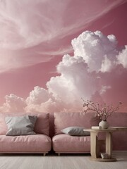 Wall Mural - Elegant pink wallpaper with soft, dreamy clouds. High contrast