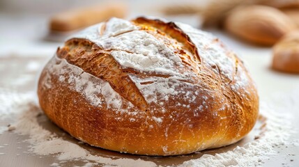 Aufkleber - A freshly baked loaf of bread made with wheat flour sits on a white surface, dusted with flour. Generative AI