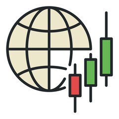 Sticker - Candlestick Chart and Earth Globe vector Crypto Trading colored icon or symbol