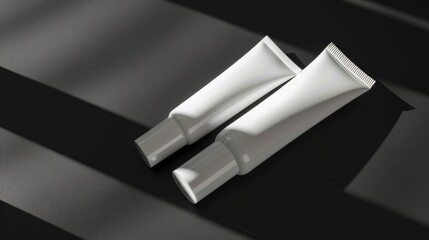 Wall Mural - Tube and bottle of toothpaste or cream on black background with white shadows